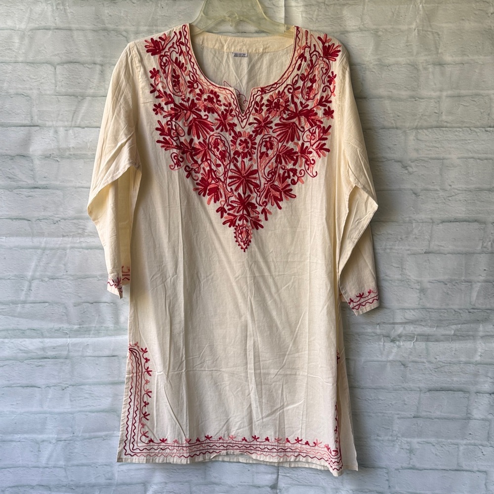 Indian Embroidered Tunic in Cream and Red